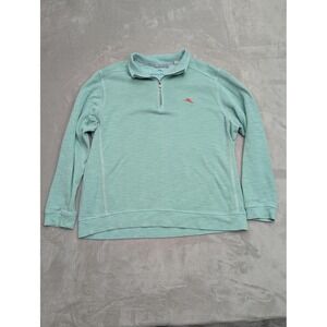 Tommy Bahama Sweater Mens XL Green 1/4 Zip Mock Neck Waffle Knit Pullover Logo